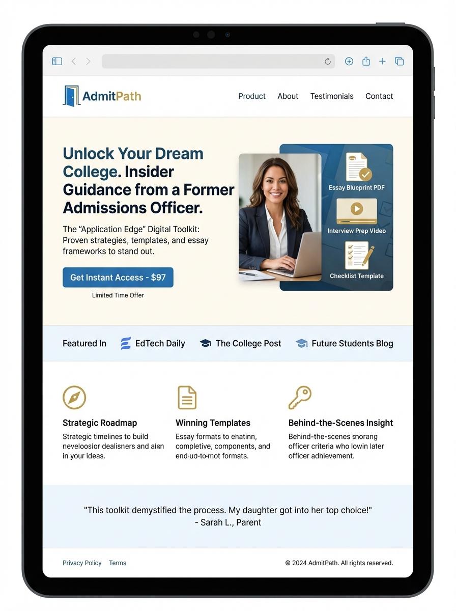 Landing page for digital product Admissions officer