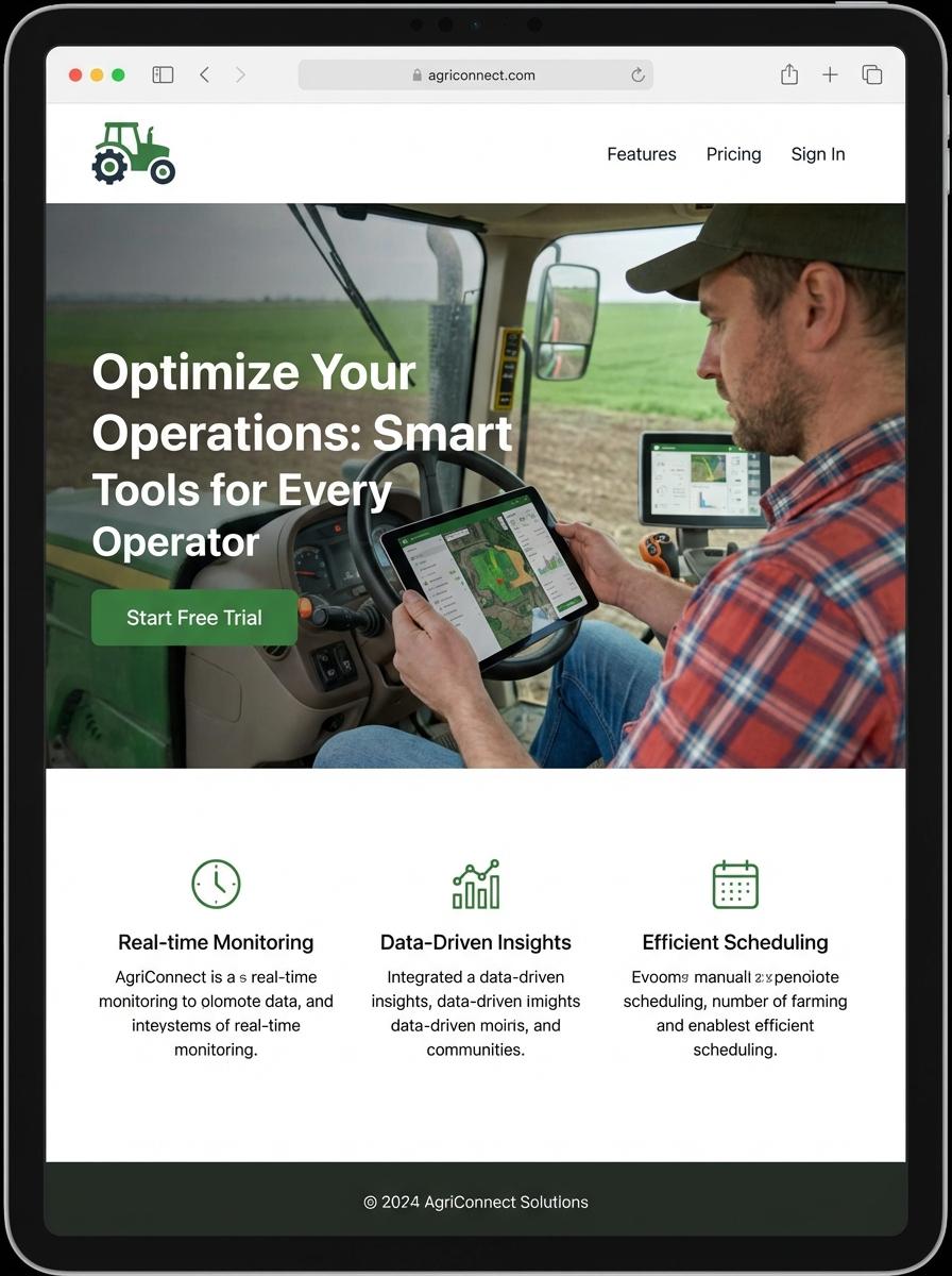 Landing page for digital product Agricultural equipment operator
