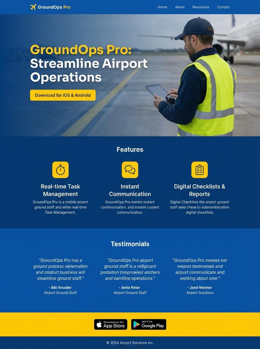 Landing page for digital product Airport ground staff