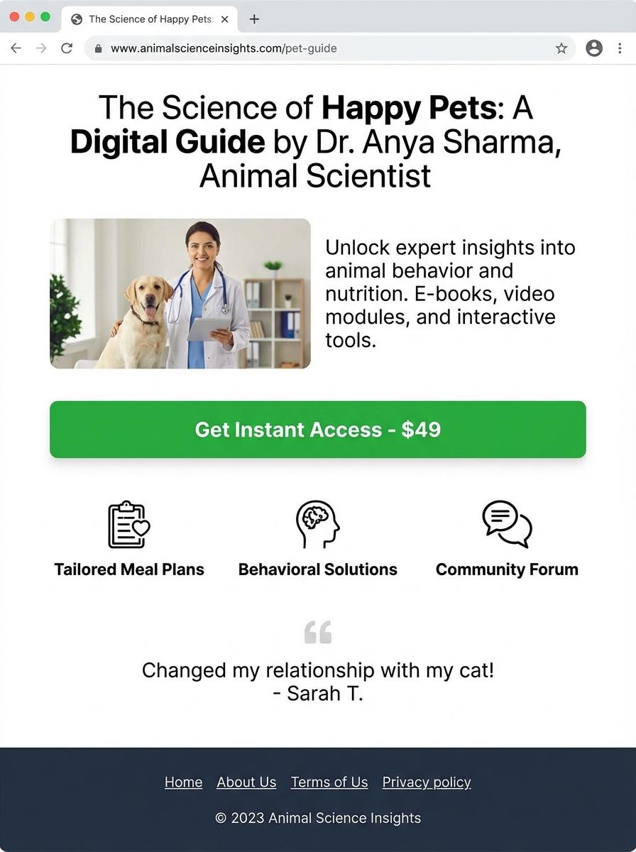 Landing page for digital product Animal scientist