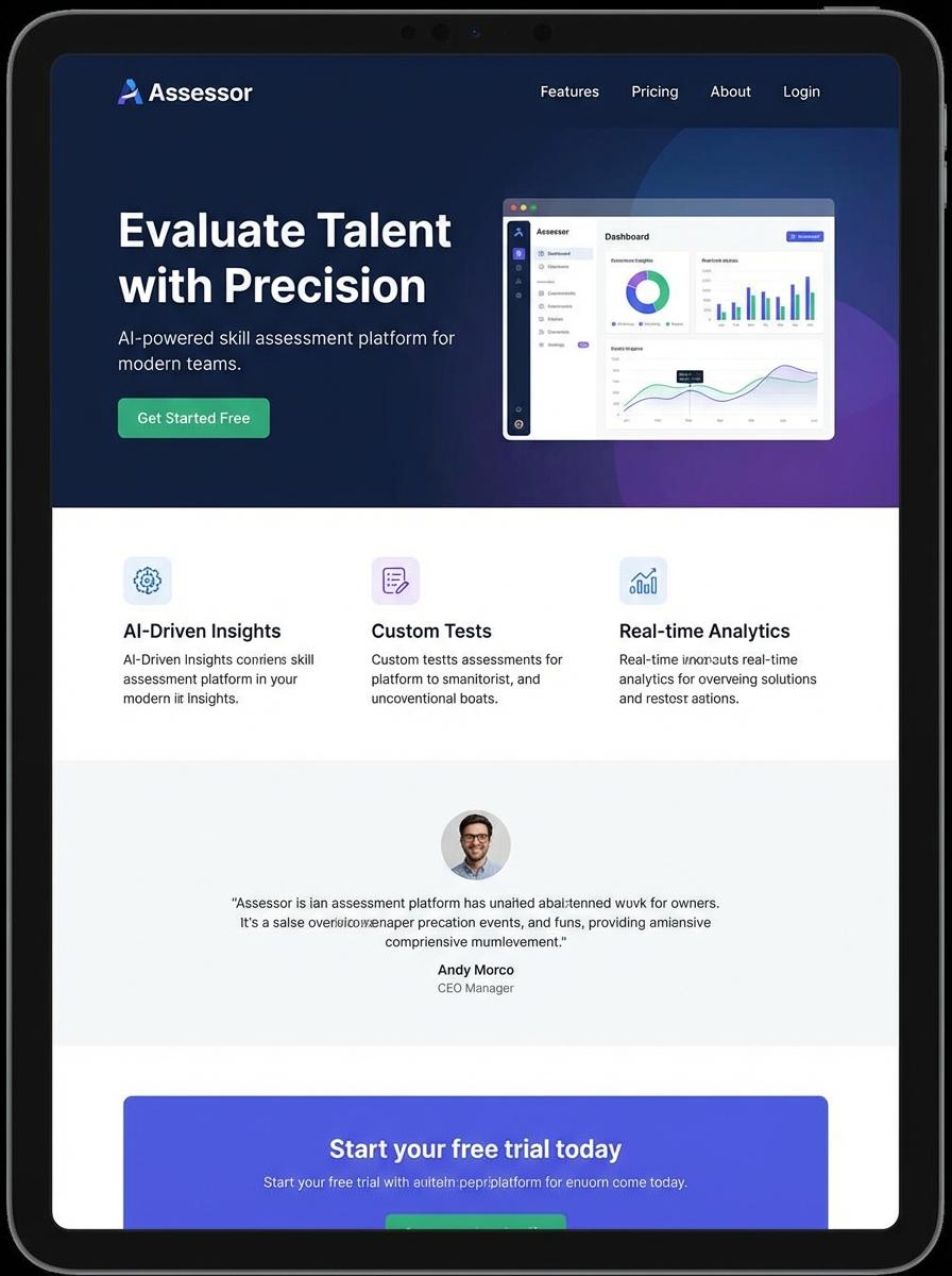 Landing page for digital product Assessor