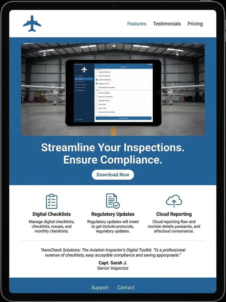 Landing page for digital product Aviation inspector