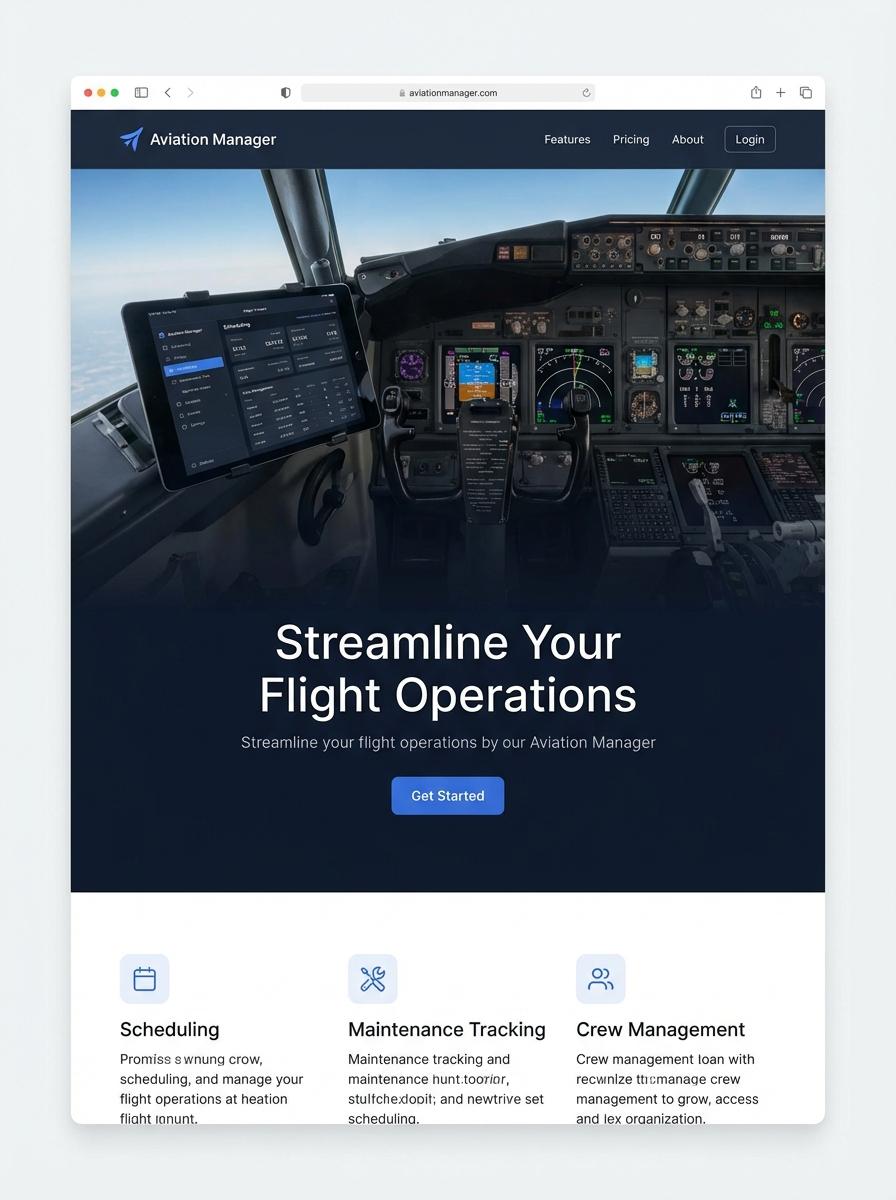 Landing page for digital product Aviation manager