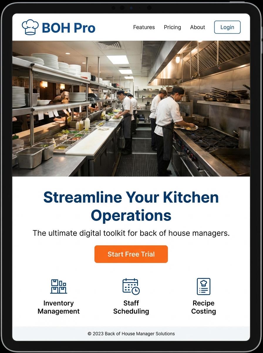 Landing page for digital product Back of house manager