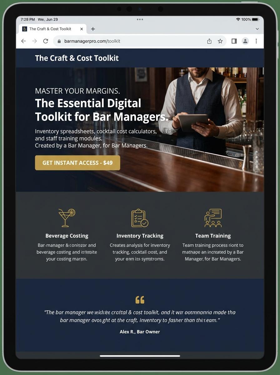 Landing page for digital product Bar manager