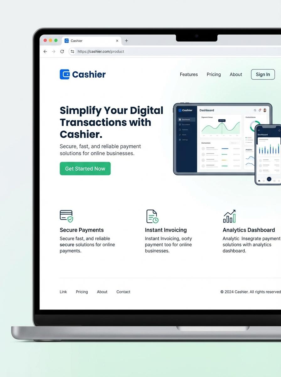 Landing page for digital product Cashier