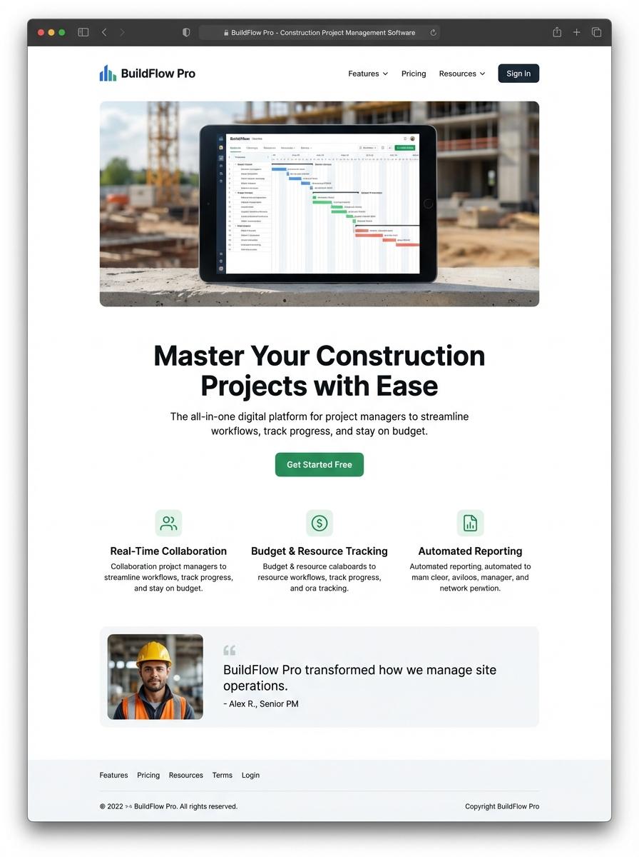 Landing page for digital product Construction Project Manager