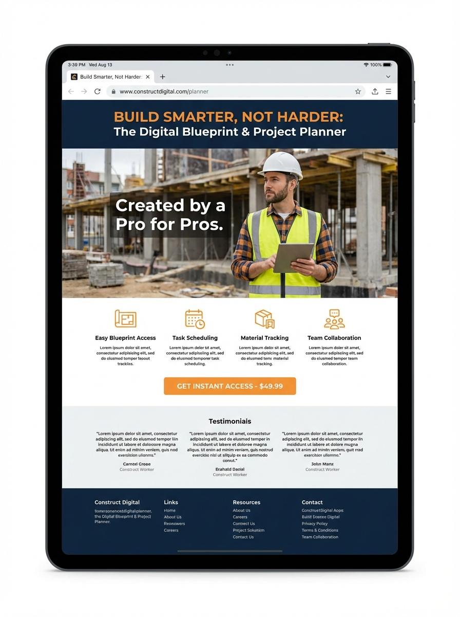 Landing page for digital product Construction worker