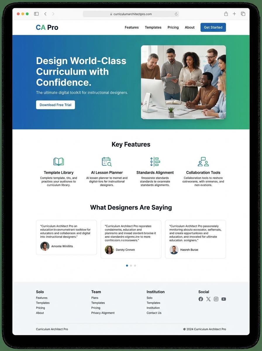 Landing page for digital product Curriculum designer