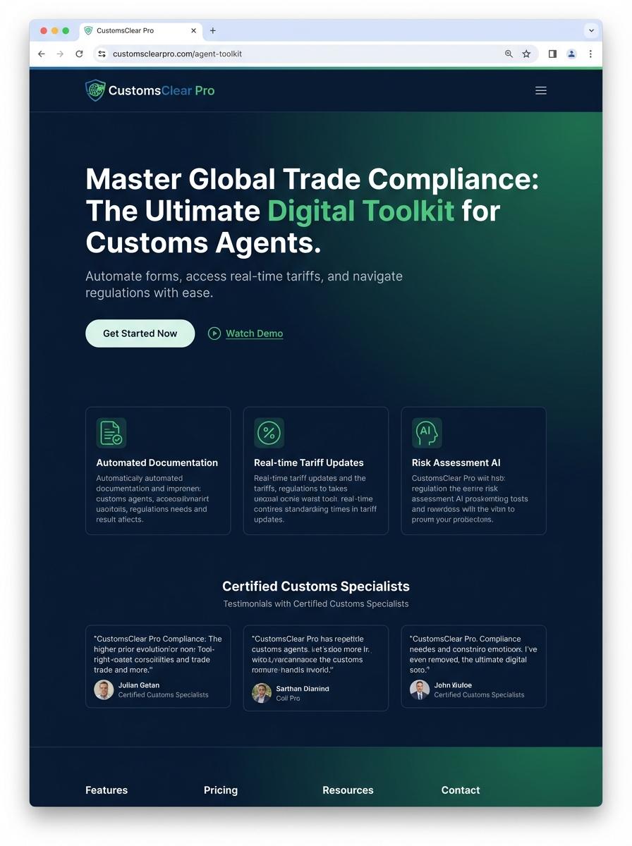 Landing page for digital product Customs agent