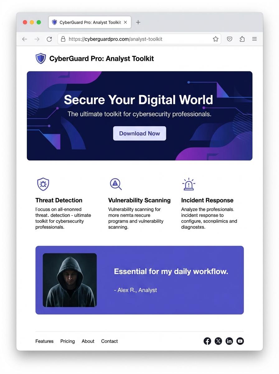 Landing page for digital product Cybersecurity analyst