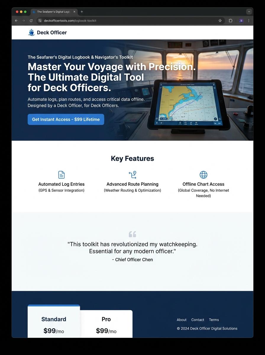 Landing page for digital product Deck officer