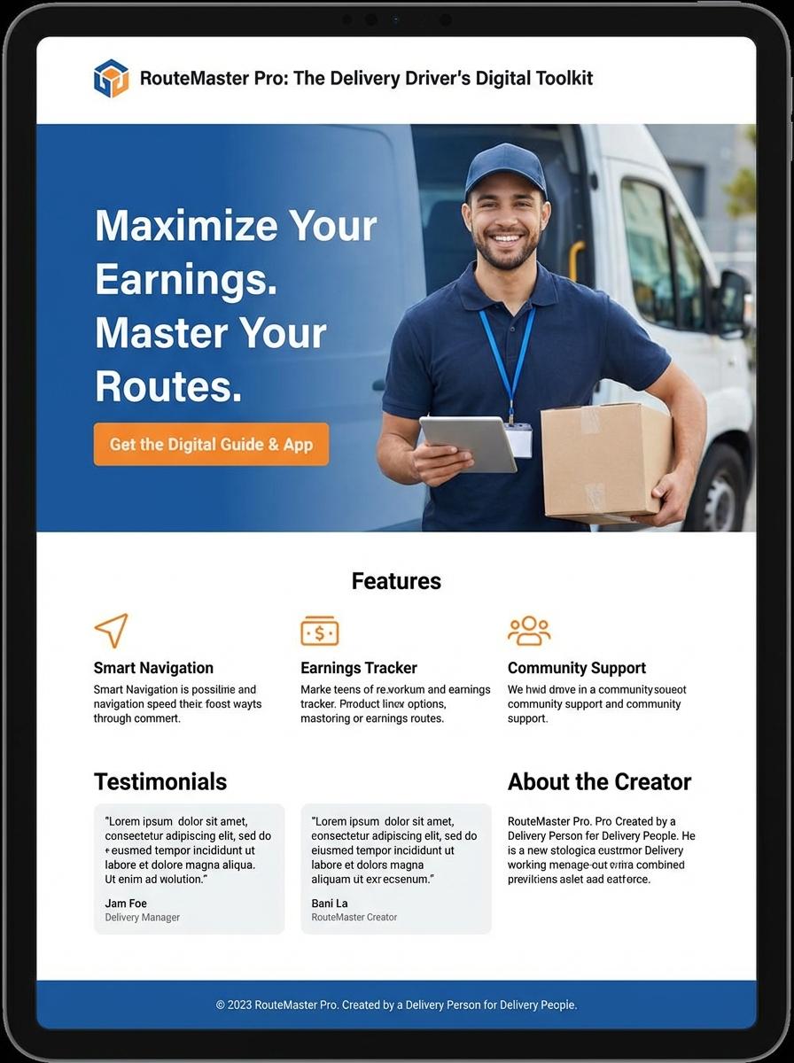 Landing page for digital product Delivery person