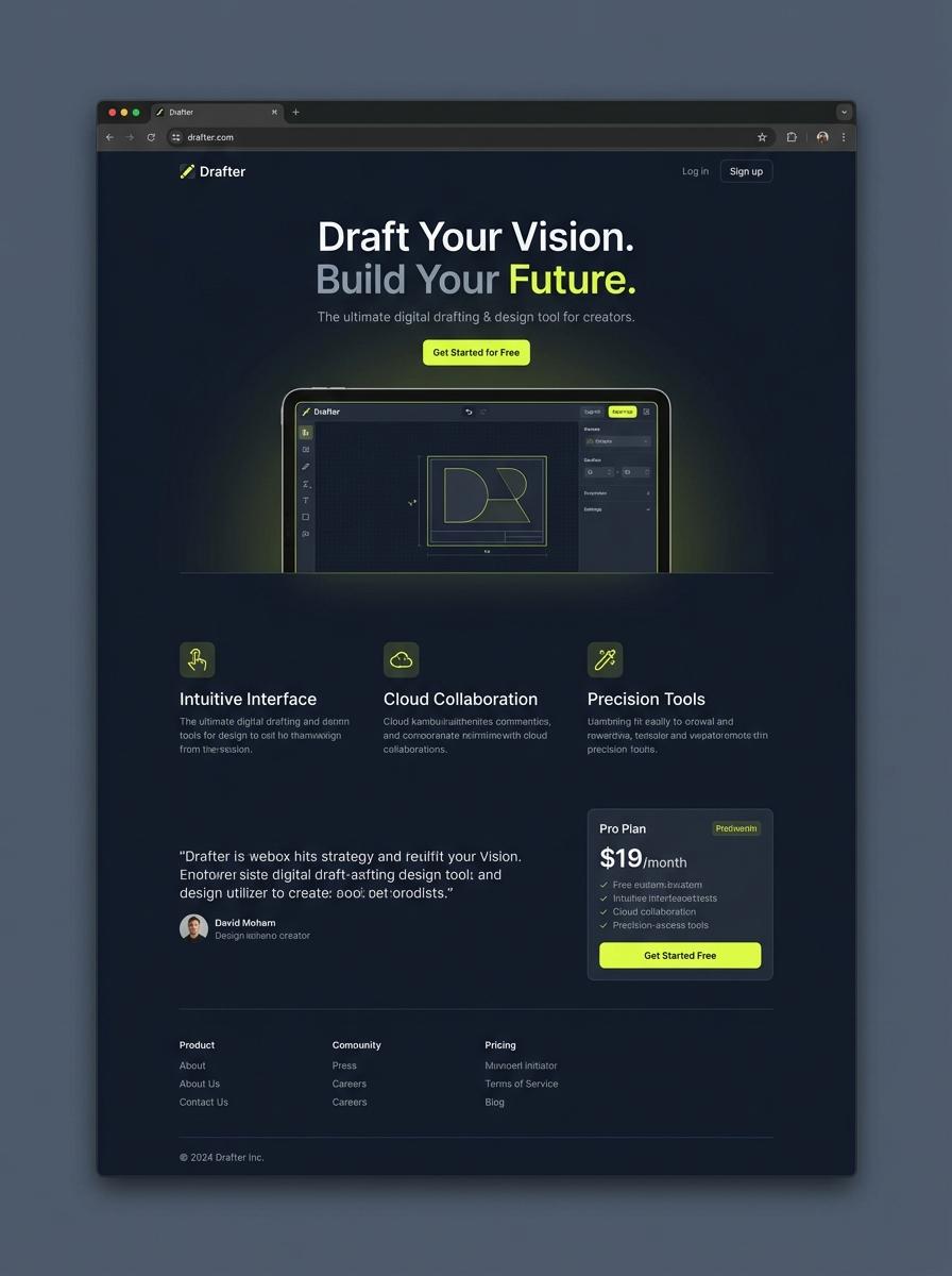 Landing page for digital product Drafter