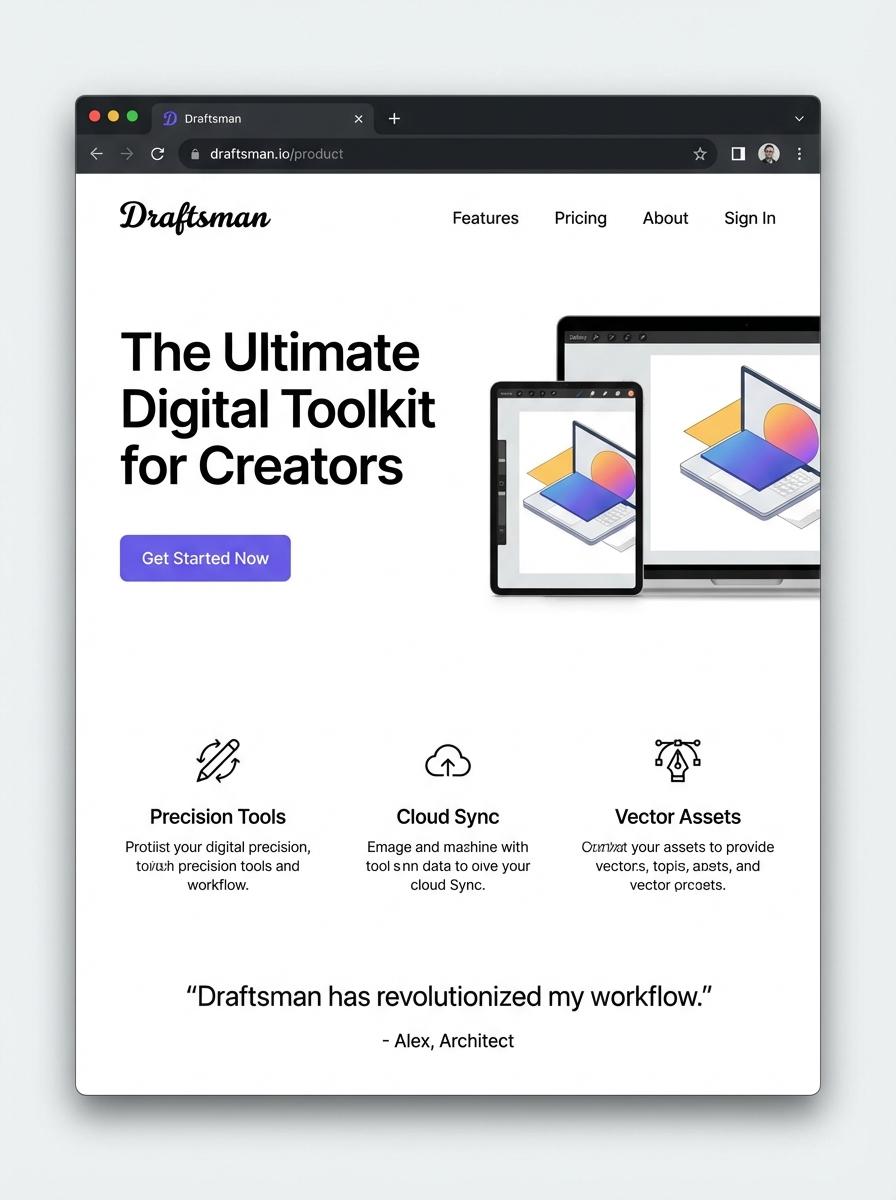 Landing page for digital product Draftsman