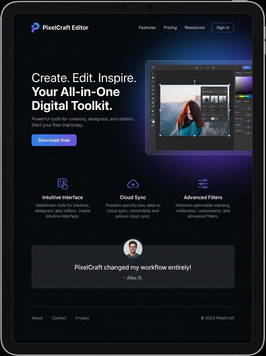 Landing page for digital product editor