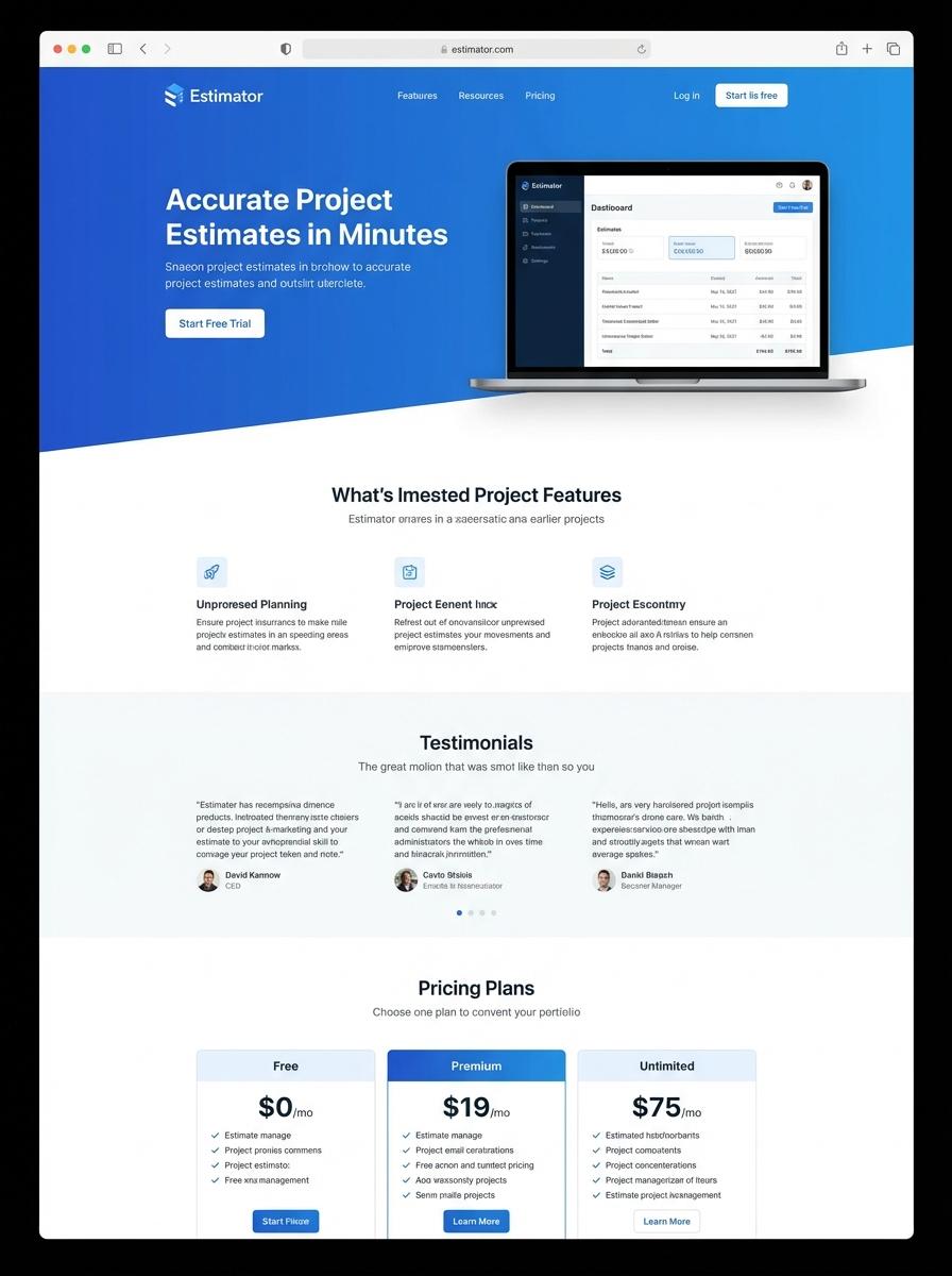 Landing page for digital product Estimator