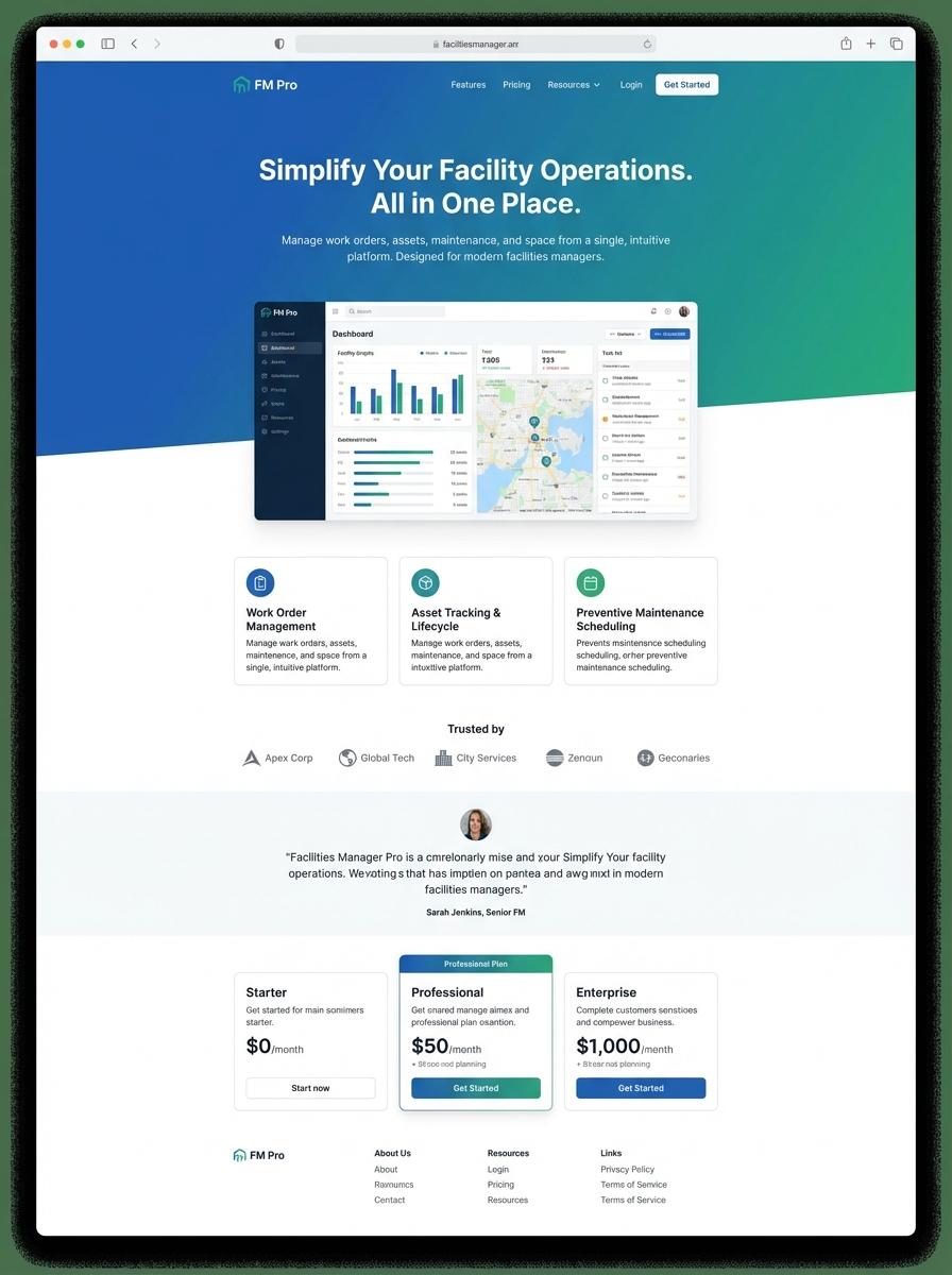 Landing page for digital product Facilities Manager