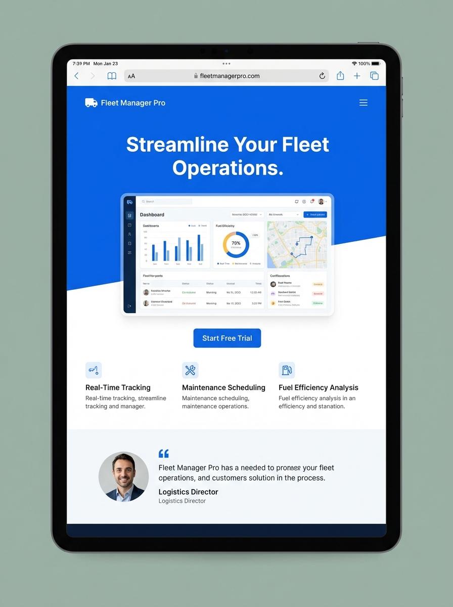 Landing page for digital product Fleet manager