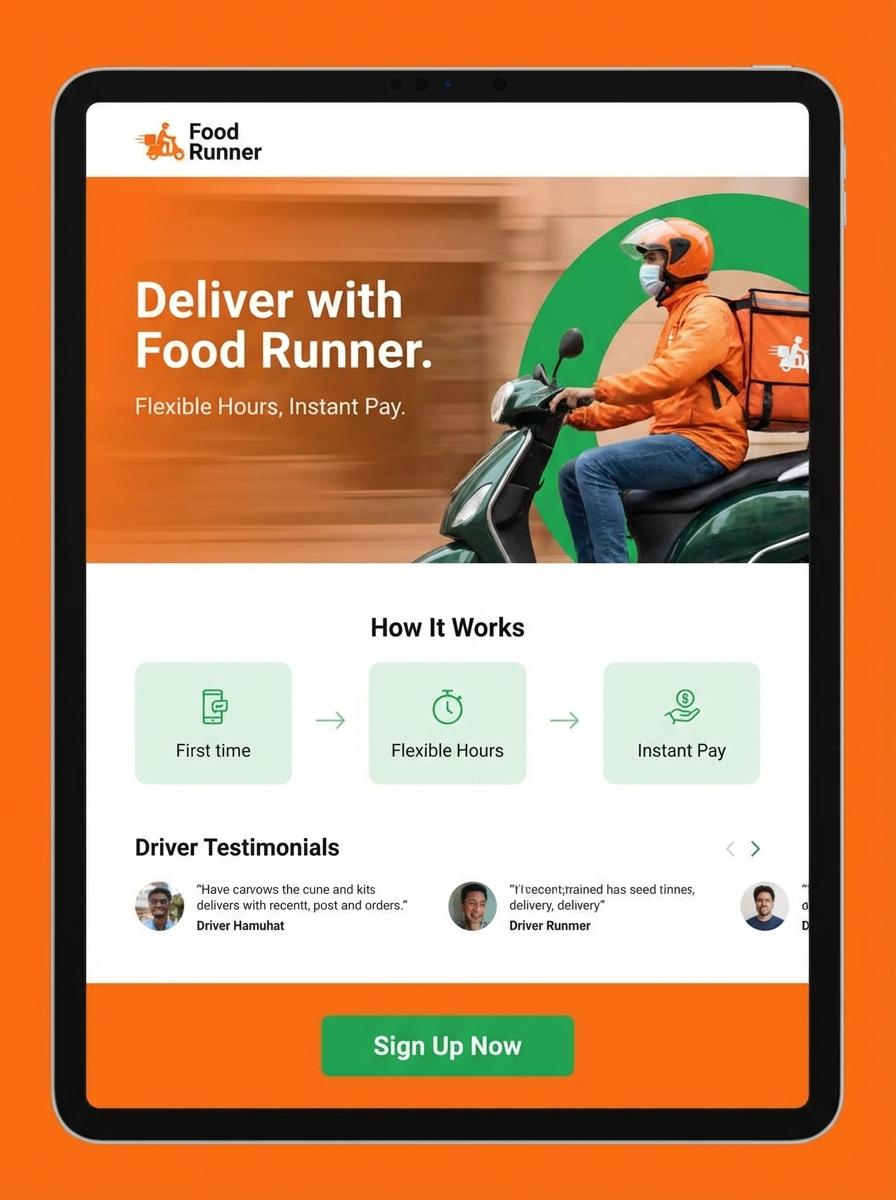 Landing page for digital product Food runner