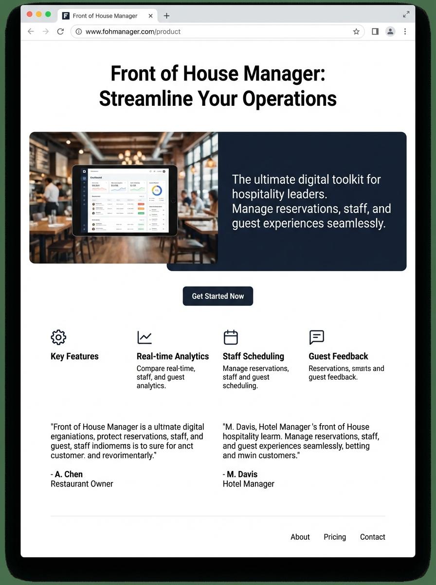 Landing page for digital product Front of house manager
