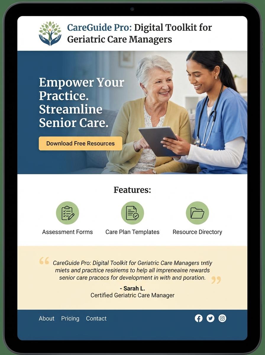 Landing page for digital product Geriatric care manager