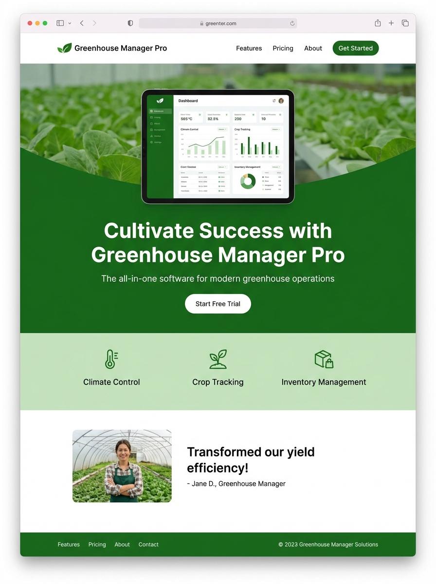 Landing page for digital product Greenhouse manager