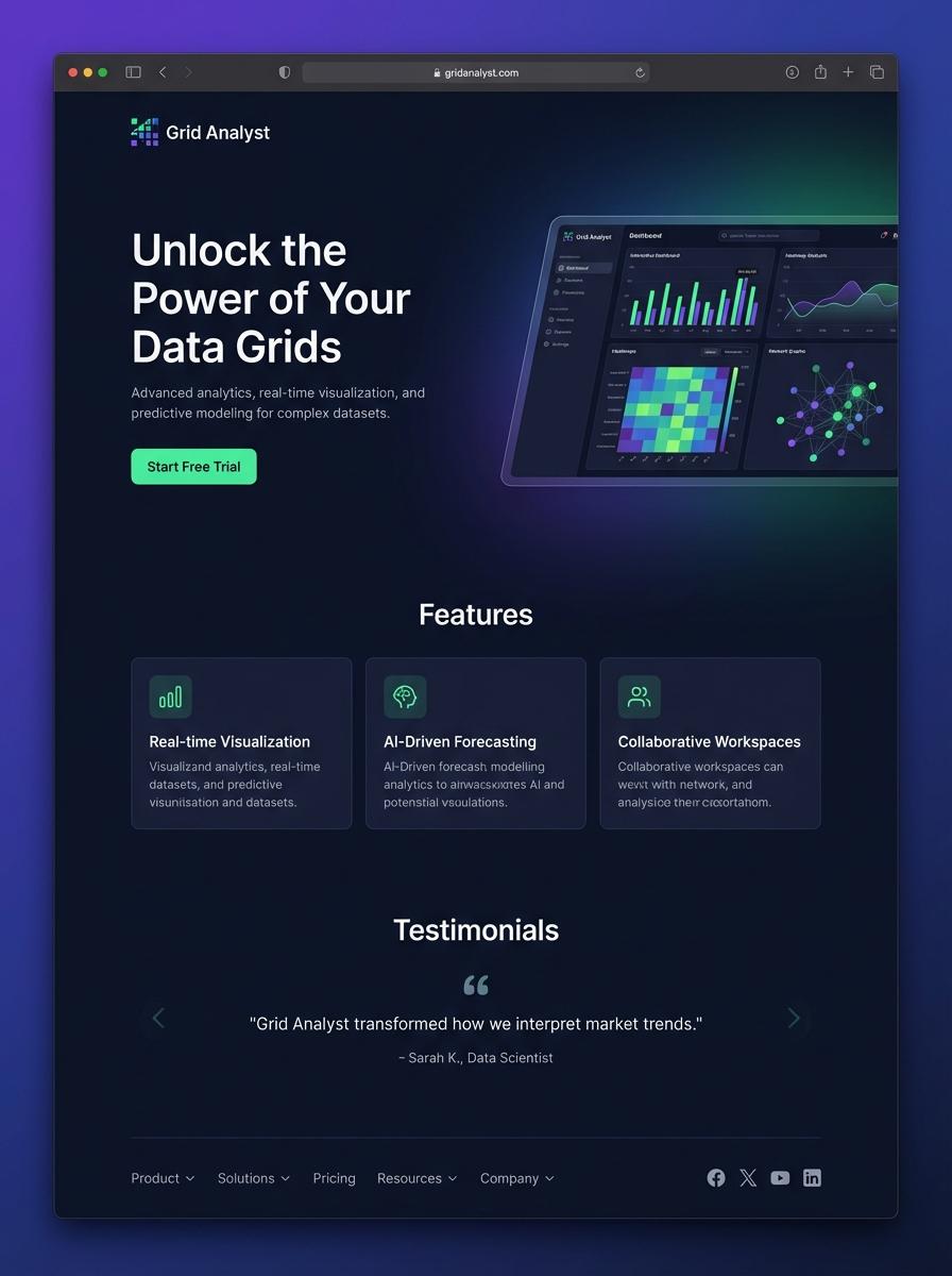 Landing page for digital product Grid analyst