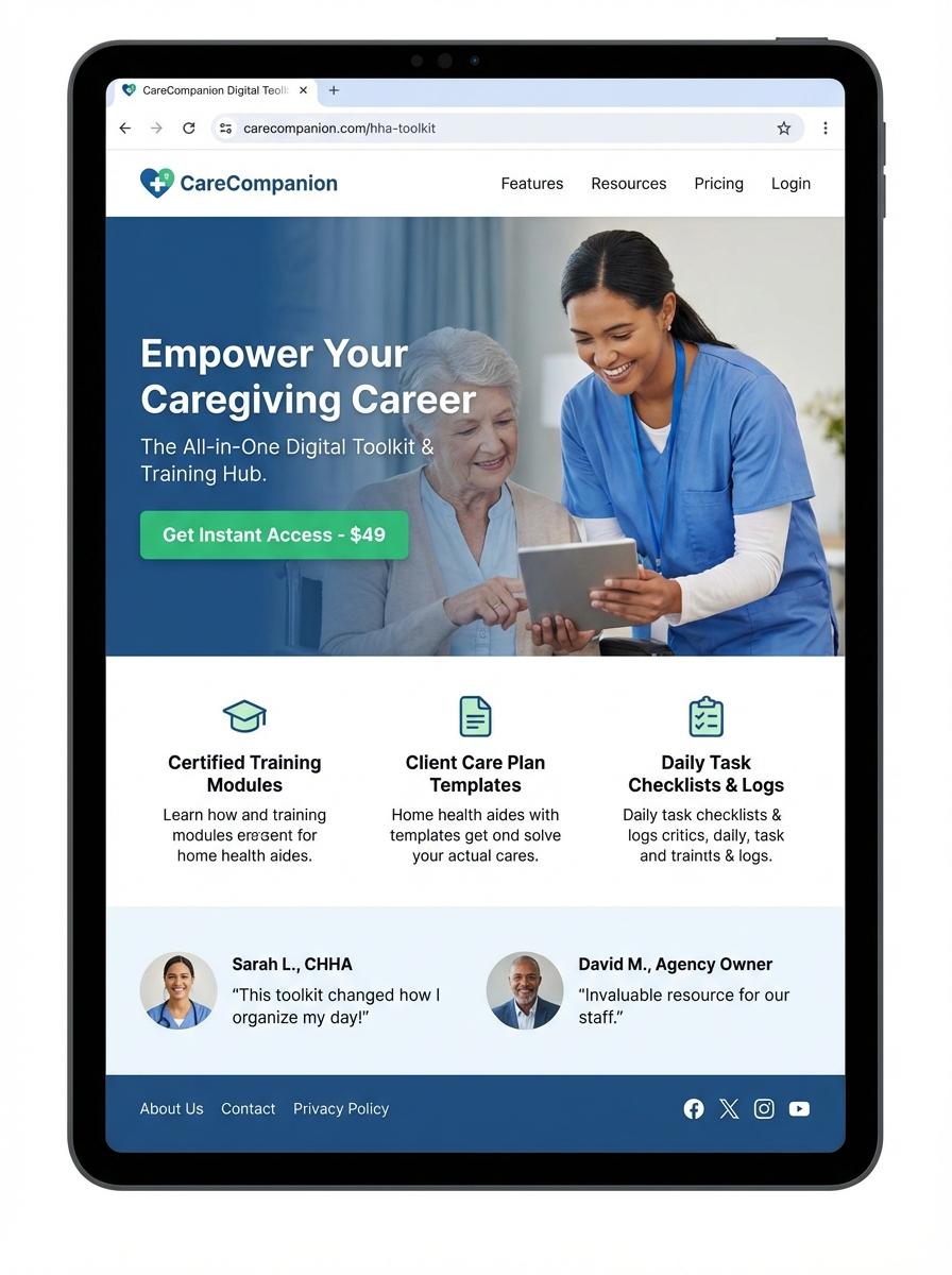 Landing page for digital product Home health aide