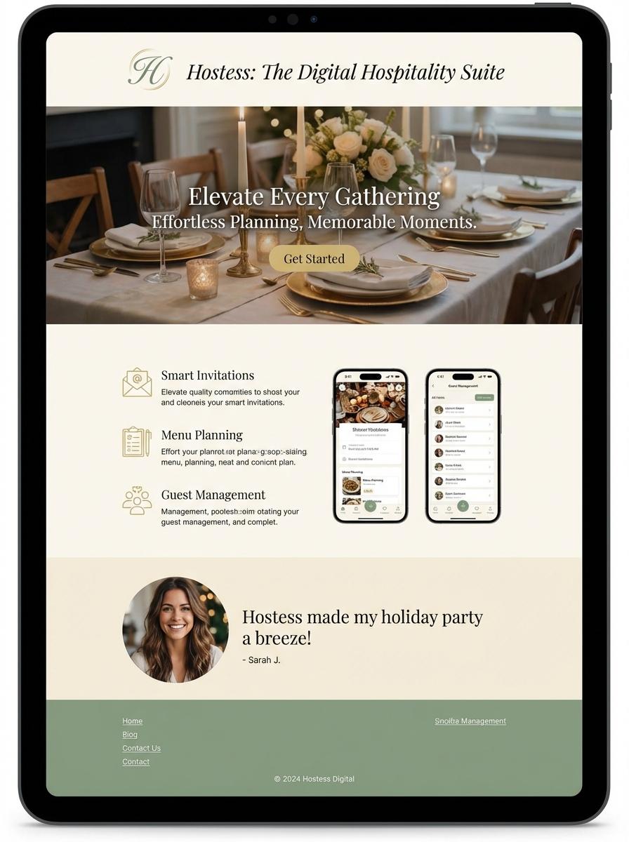 Landing page for digital product Hostess