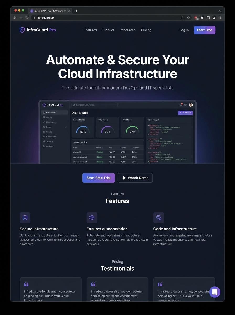 Landing page for digital product Infrastructure specialist