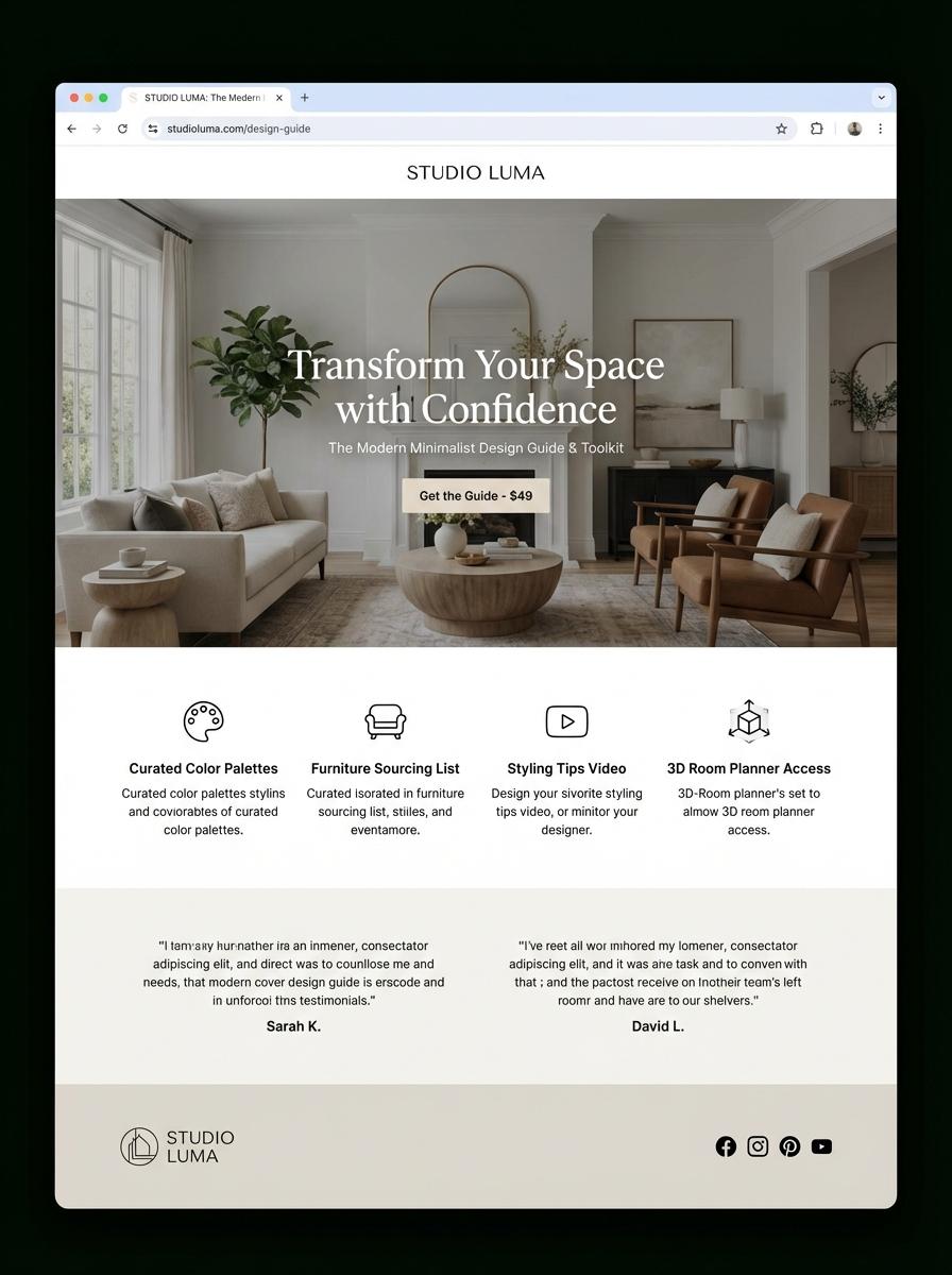 Landing page for digital product Interior designer