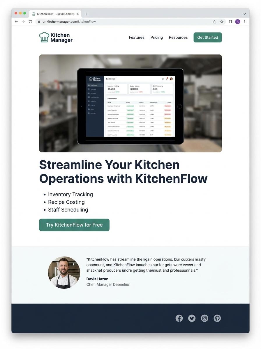 Landing page for digital product Kitchen manager