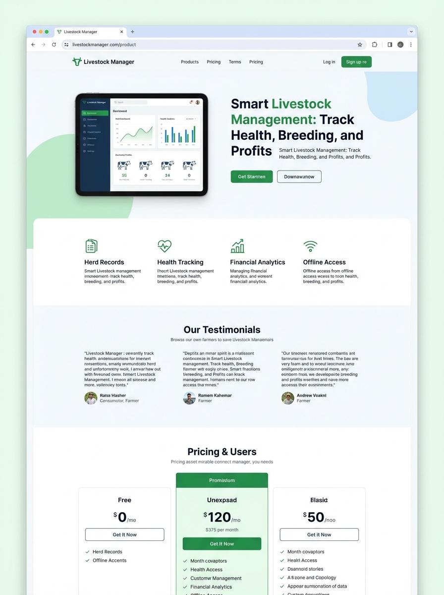 Landing page for digital product Livestock manager