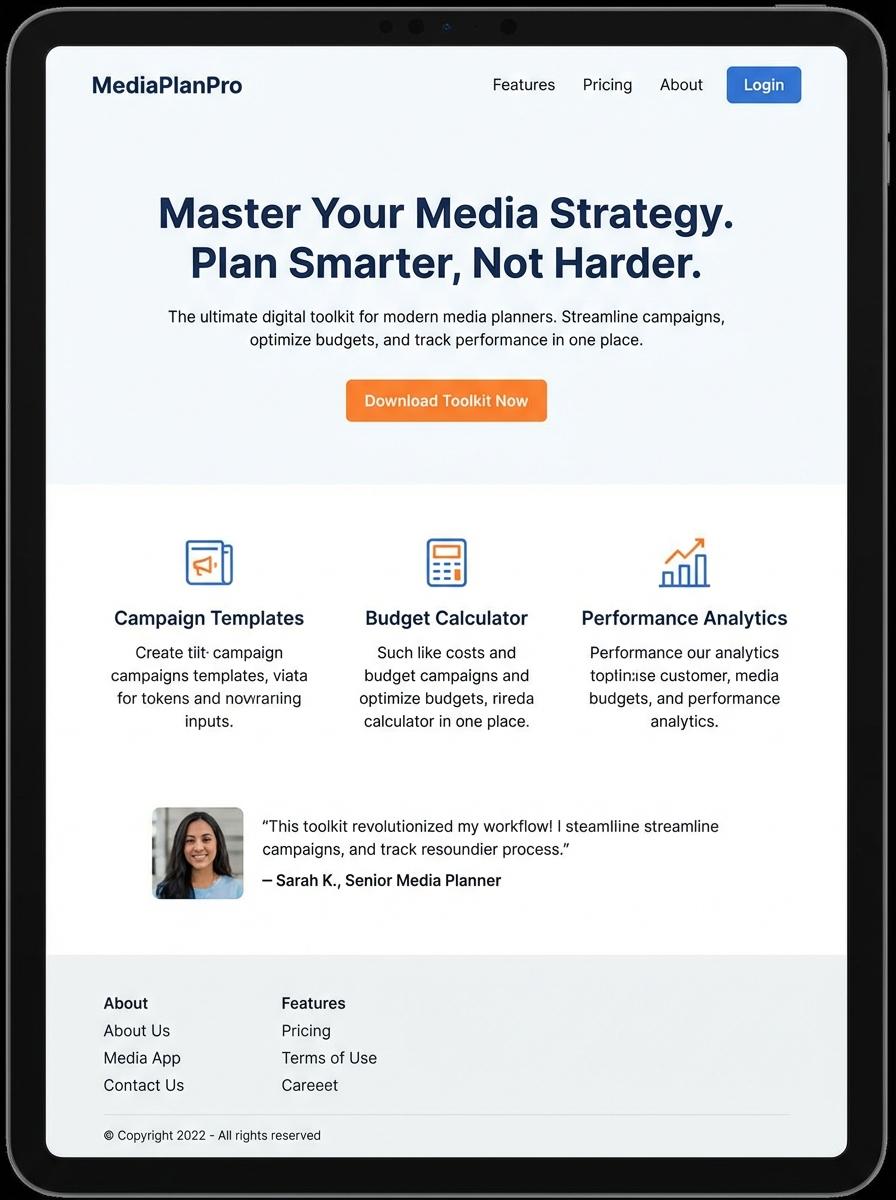 Landing page for digital product media planner