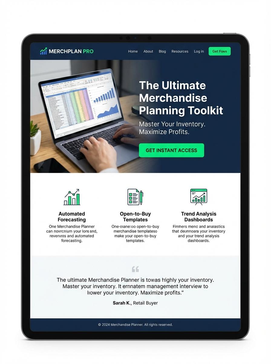 Landing page for digital product Merchandise planner