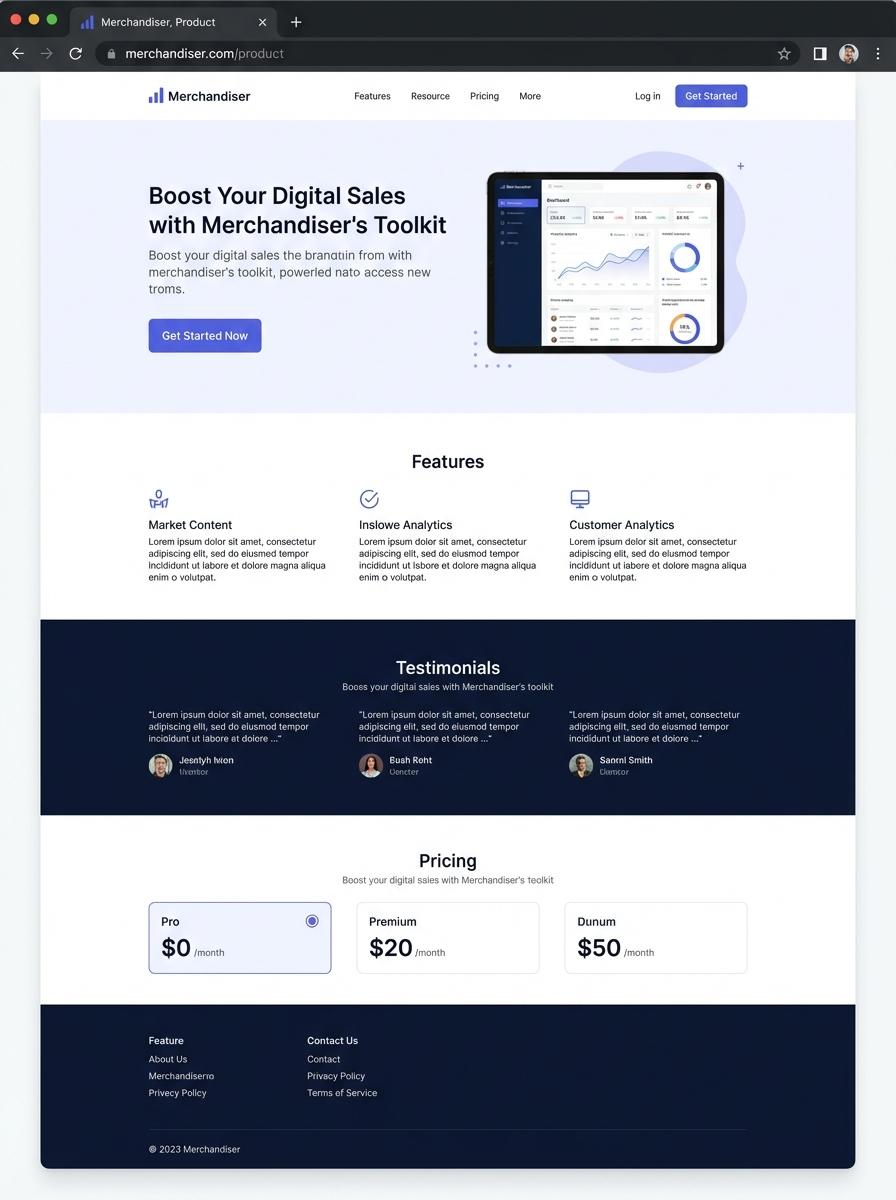Landing page for digital product Merchandiser
