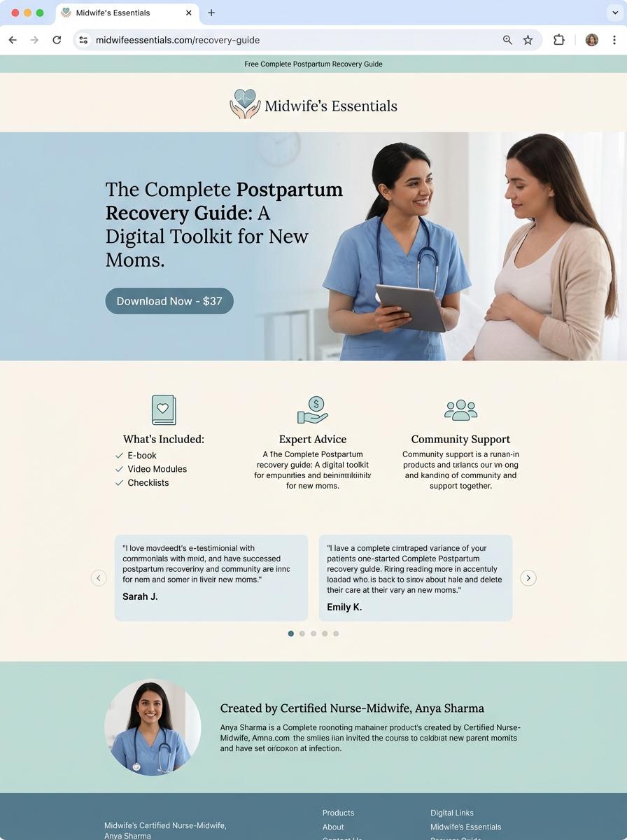 Landing page for digital product Midwife