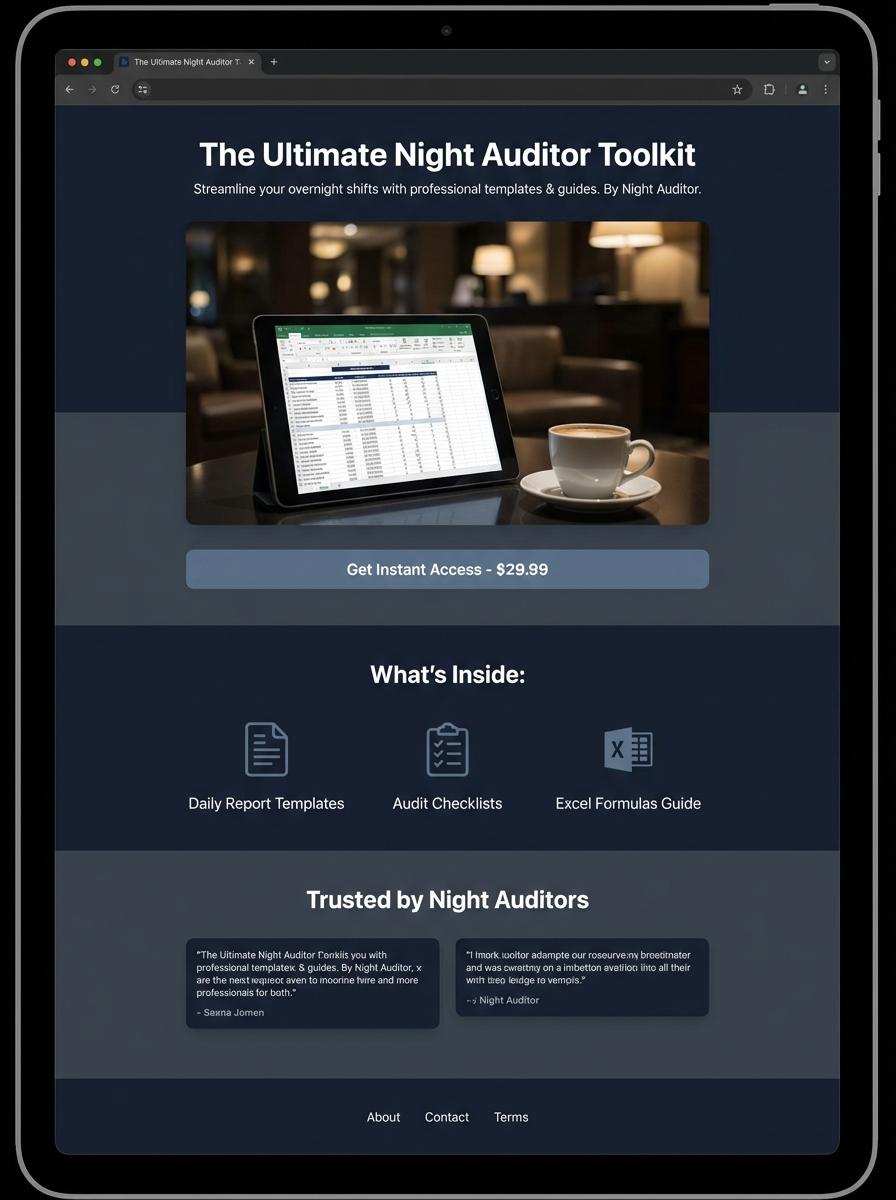 Landing page for digital product Night auditor