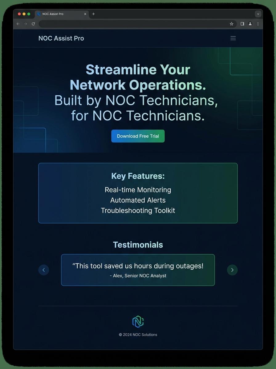 Landing page for digital product NOC technician