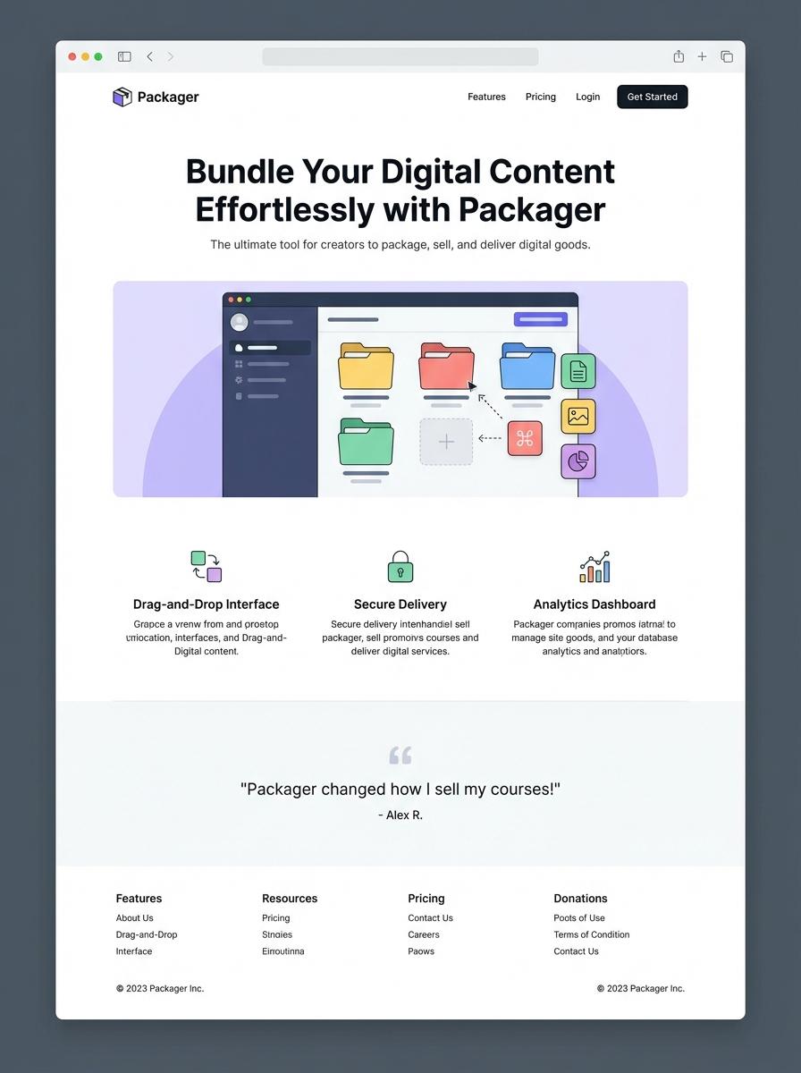 Landing page for digital product Packager