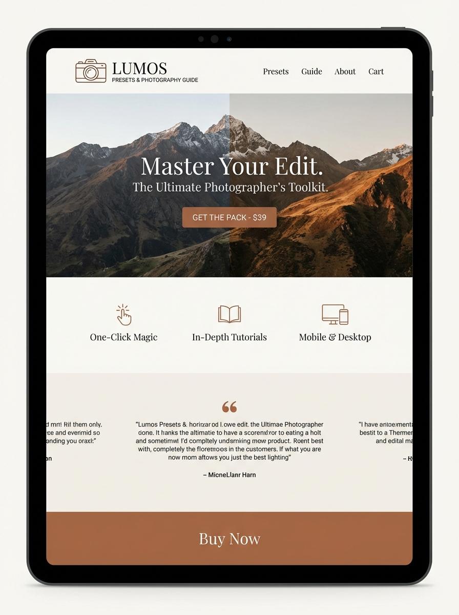 Landing page for digital product photographer