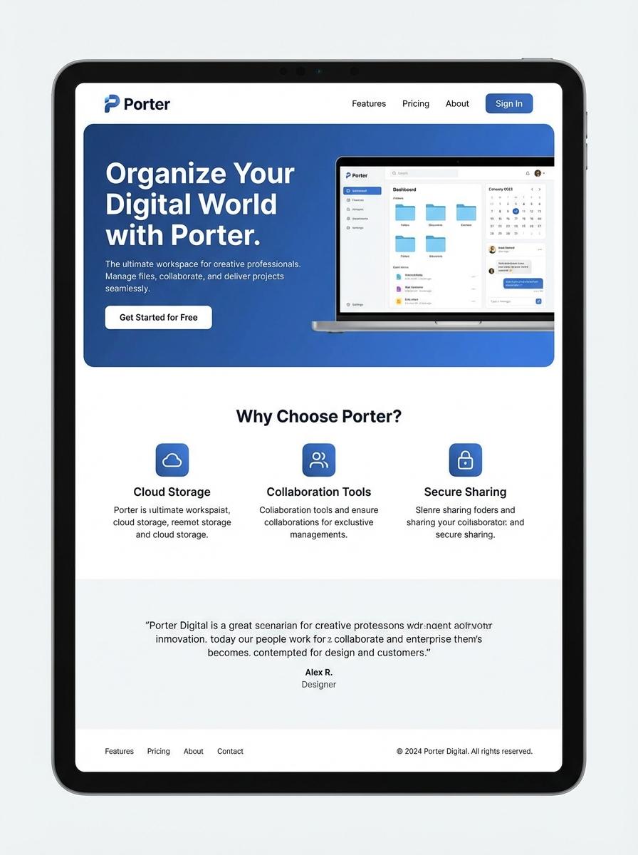 Landing page for digital product Porter