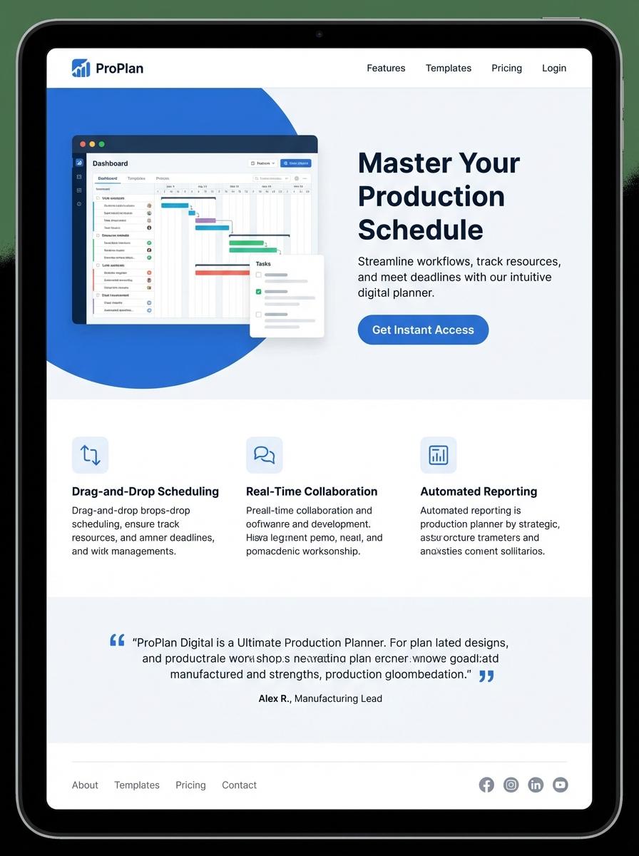Landing page for digital product Production planner