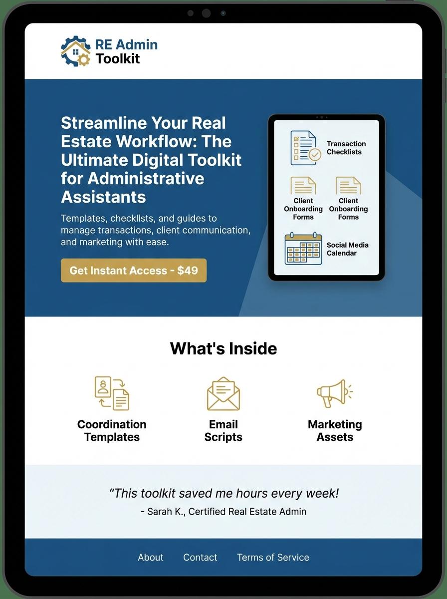 Landing page for digital product Real estate administrative assistant