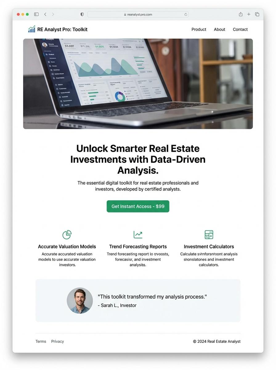 Landing page for digital product Real Estate Analyst