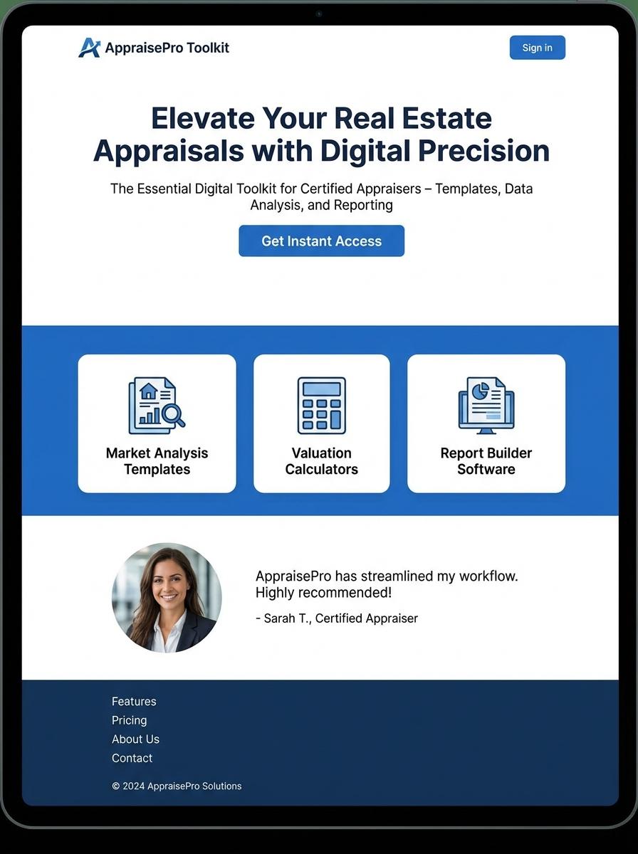 Landing page for digital product Real Estate Appraiser