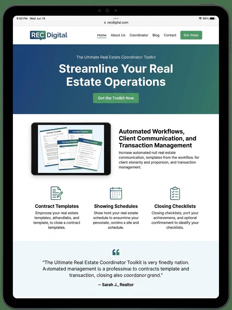 Landing page for digital product Real Estate Coordinator