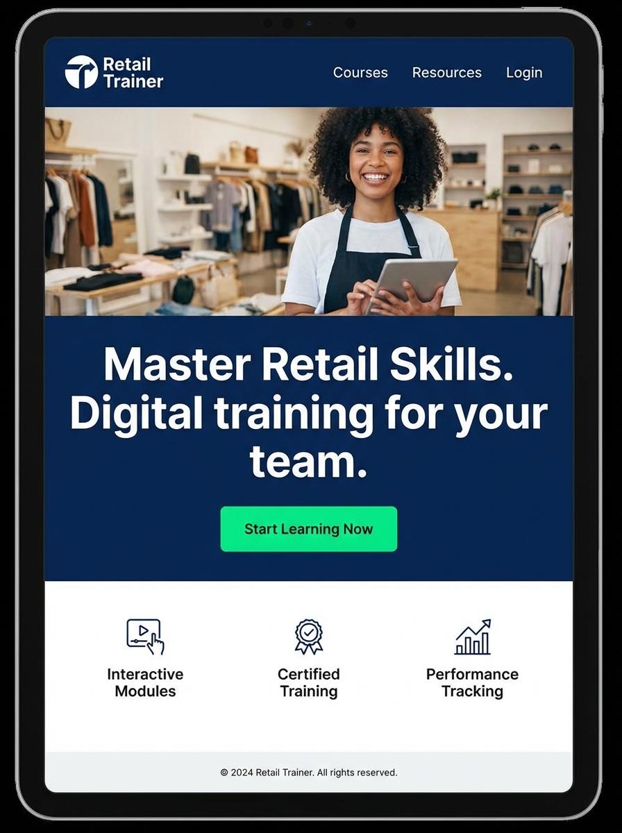 Landing page for digital product Retail Trainer
