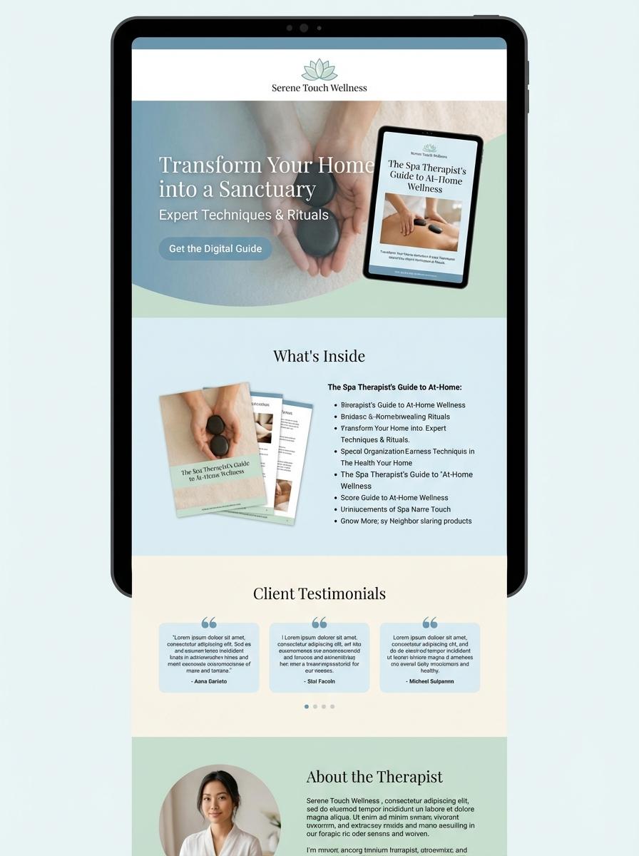 Landing page for digital product Spa therapist